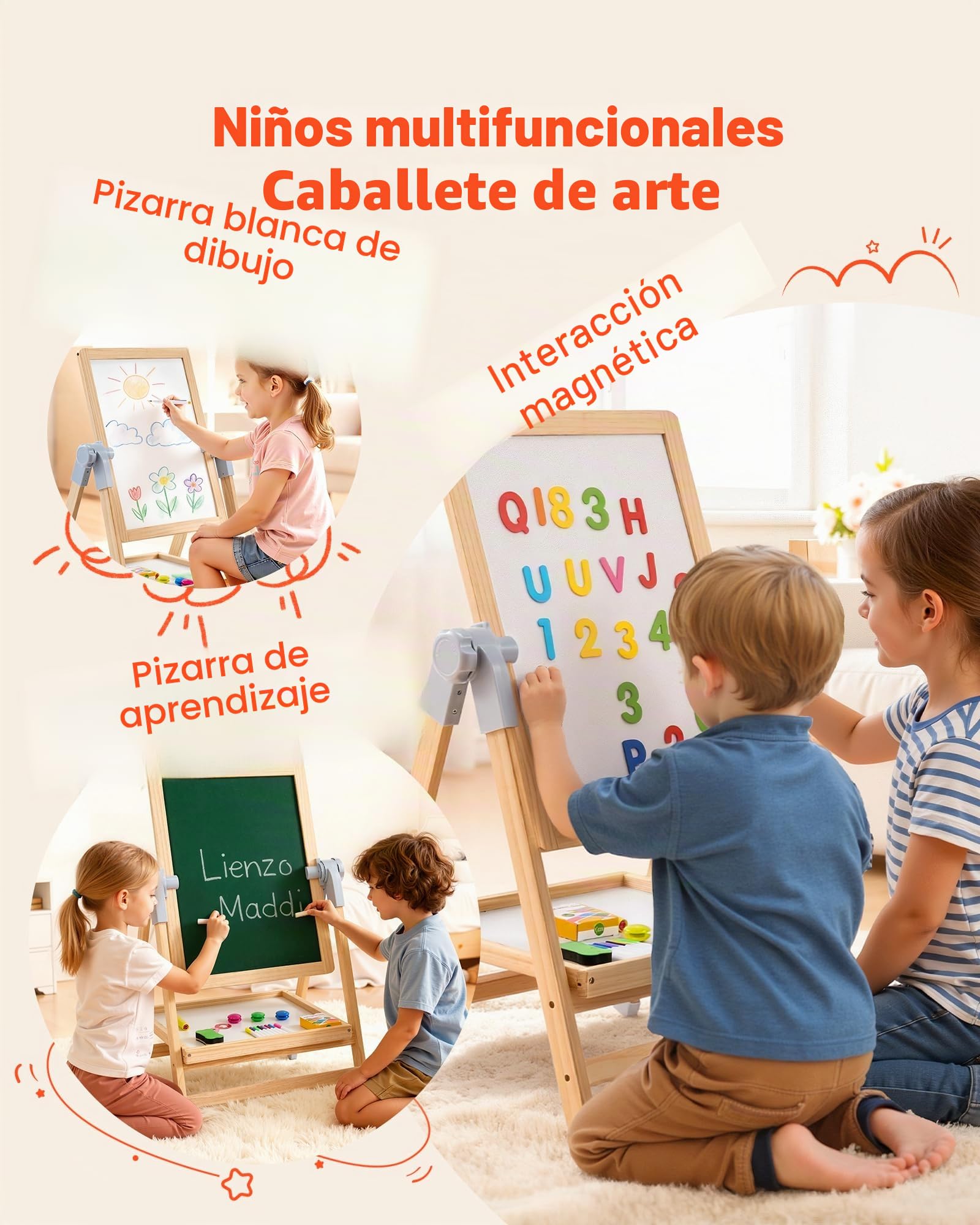 VEVOR 2 en 1 Caballete para Niños, Caballete de Madera de Doble Cara con Pizarra Magnética y Pizarrón, Tablero de Dibujo Plegable Giratorio de Pie Ajustable con Accesorios de Pntura para Niños