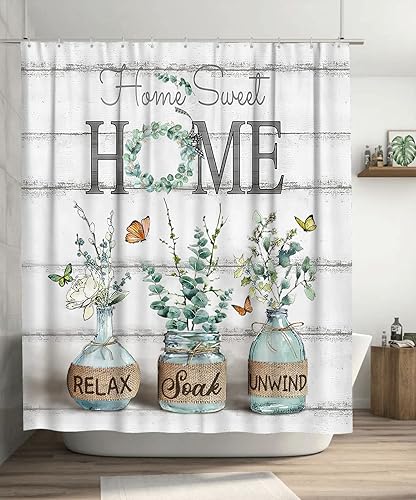 Tijuboni Cortina de ducha de eucalipto verde para decoración de baño de campo neutro, juego de cortina de ducha rústica con mariposas botánicas,