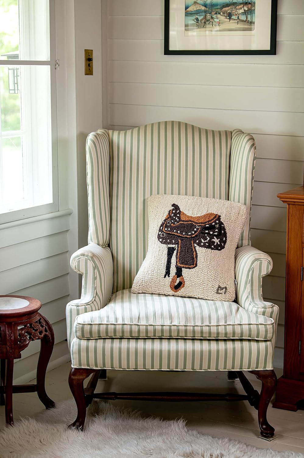 Chandler 4 Corners Artist-Designed Western Saddle Hand-Hooked Wool Decorative Throw Pillow (18 in x 18 in) Horse-Themed Pillow for Couches & Beds-Easy Care, Low Maintenance Country Western Home Décor
