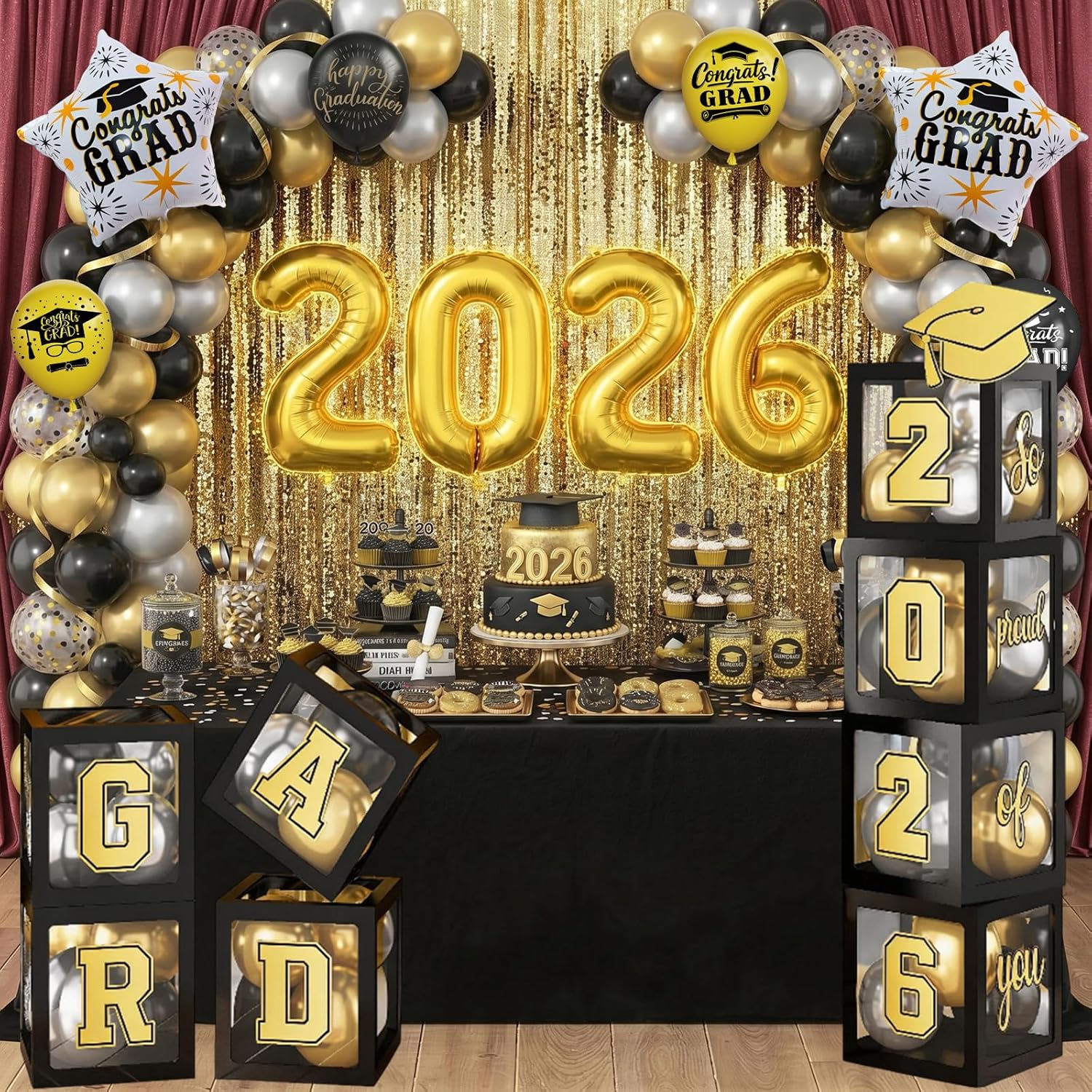 Black Gold Graduation Balloon Boxes Decorations GRAD So Pround of You Letters with 2026 Number Balloons Star Foil Black Gold Silver Latex Balloons Congrats Party Backdrop College Celebrations