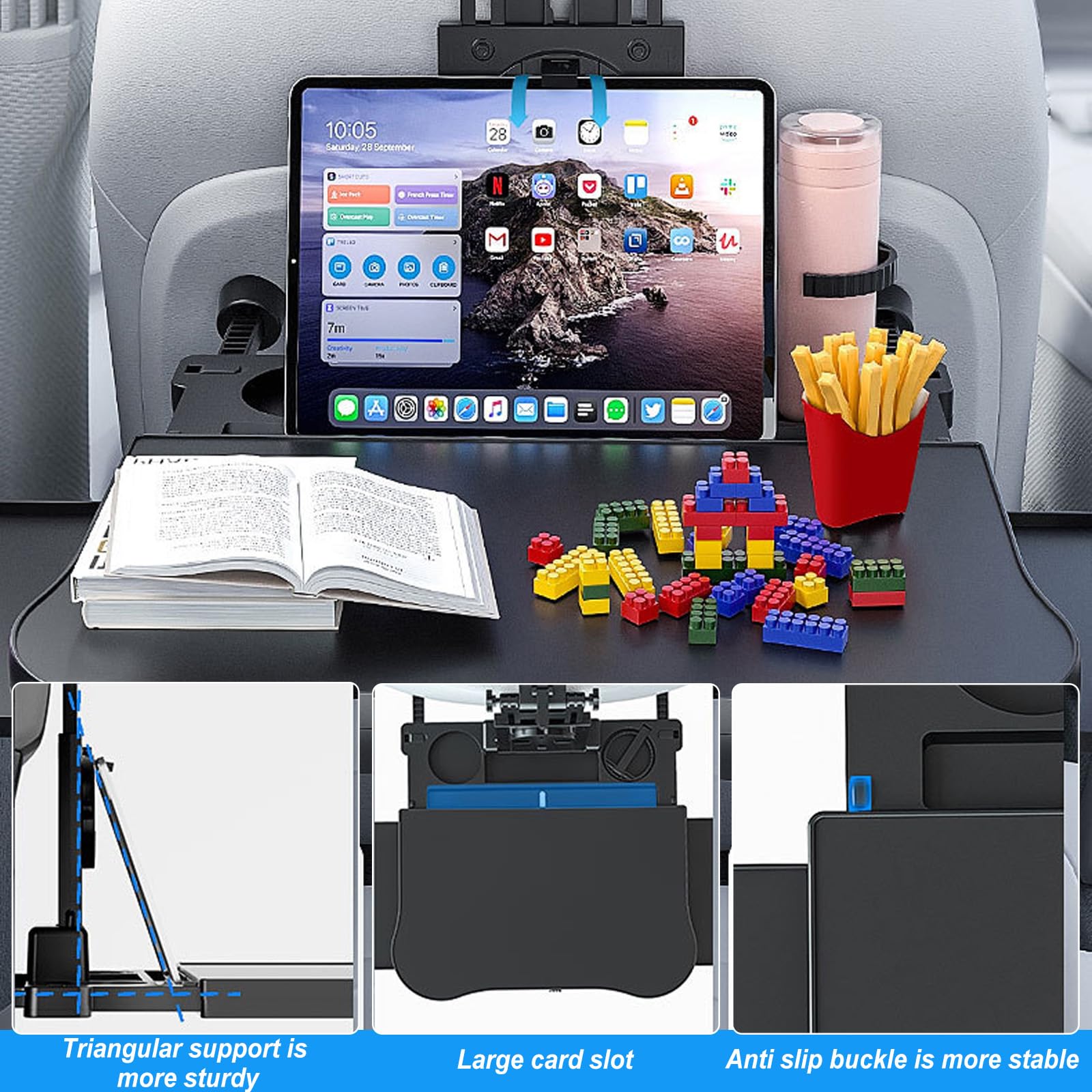 Tragbarer Autositz Tabletttisch, Auto Tisch für Rücksitz Beifahrer mit Getränkehalter und Handyhalter, Multifunktional Esstisch für Kinder Erwachsene Klappbar Einstellbar, Belastbarkeit 15-20 kg