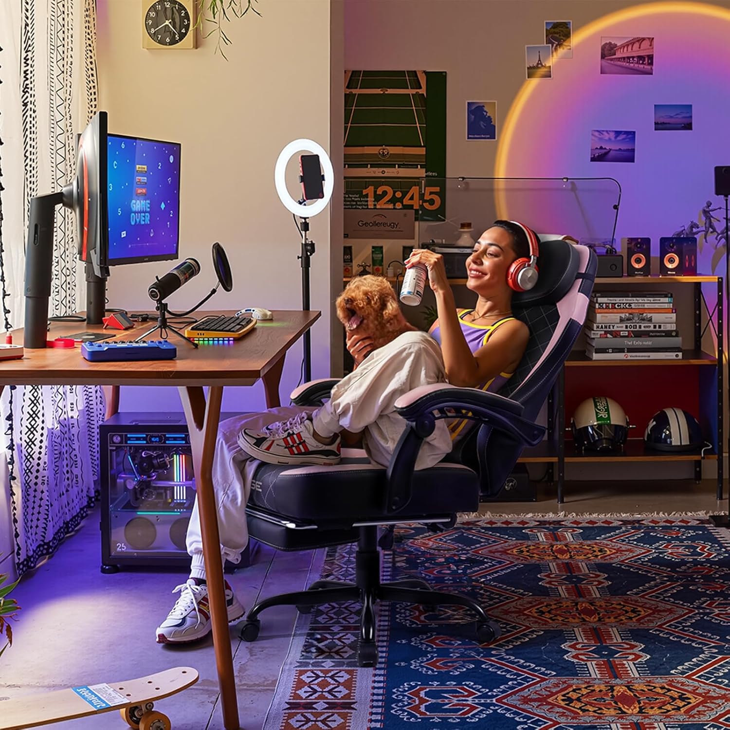 PUKAMI Gaming Chair with Footrest,Ergonomic Gamer Chair for Adults, Racing Style Reclining Computer Game Chair with Headrest and Lumbar Support (Pink)