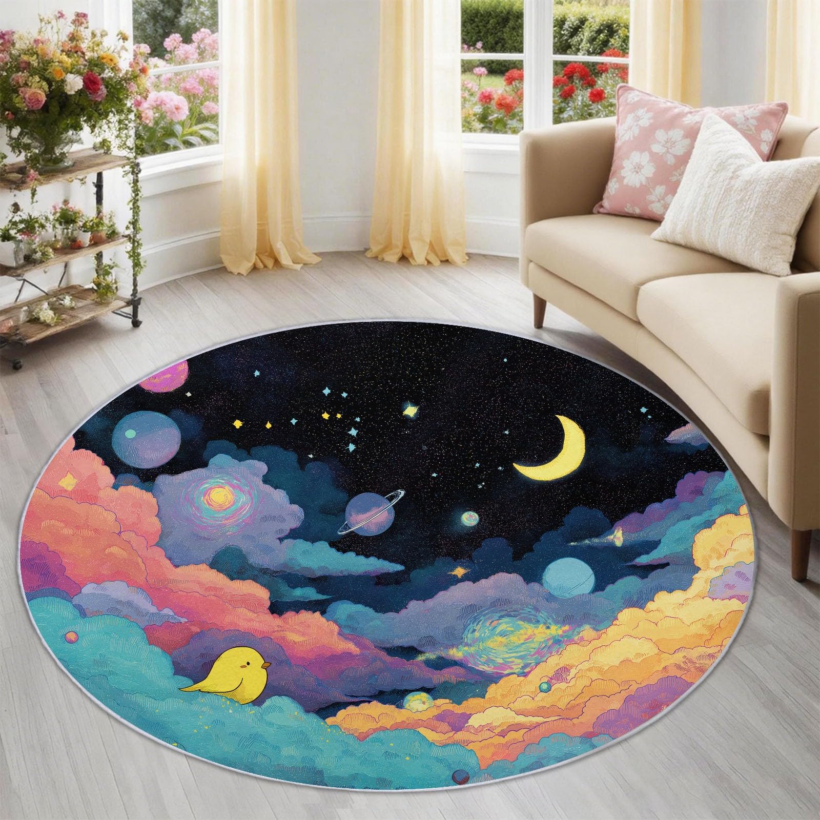 Generisch Vogel Wolken - Tappeto rotondo da 150 cm, lavabile e antiscivolo, a pelo corto, morbido, motivo con uccellini gialli, nuvole e pianeti, per la cameretta dei bambini