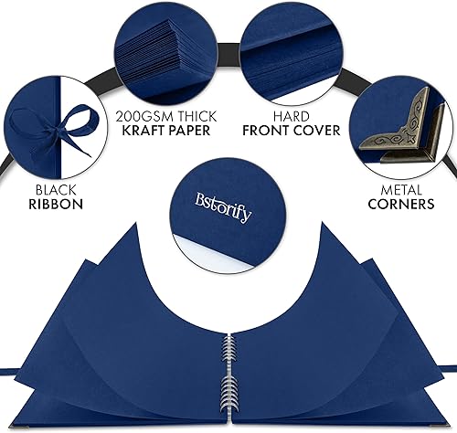 Miniatura 3 de Bstorify Álbum de recortes de 10 x 10 pulgadas, 70 páginas, protectores de esquina de papel kraft grueso azul, cierre de cinta, ideal para tus