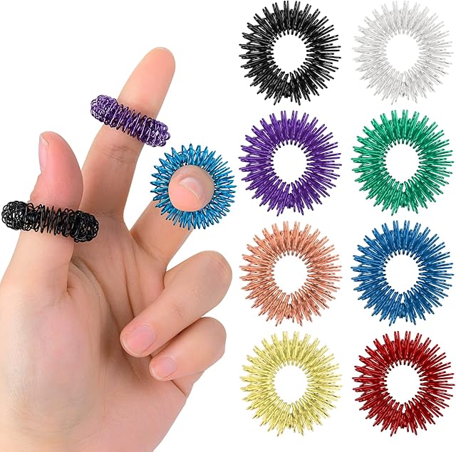 ASTER 8 Pieces Spiky Sensory Finger Rings Acupressure Ring Set Great Spikey Fidget Ring Fidget Sensory Toys for Silent Stress Reducer and Massager Improves Blood Circulation