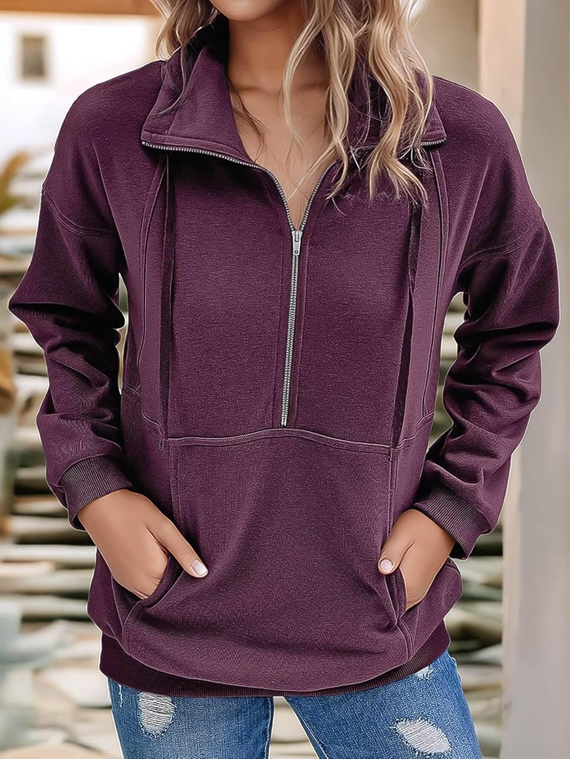 Flamingals Womens Half Zip Sweatshirts Drawstring Hoodie Long Sleeve Patch Pocket Lapel 1/2 Zip Loose Pullover Tops - Image 3