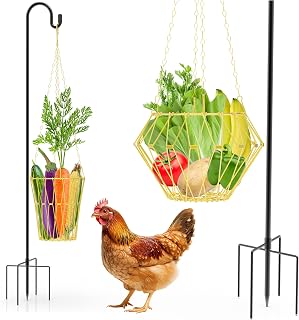 Hanging Chicken Feeder with Shepherd's Hook, Foldable Chicken Vegetable Feeder, Golden Poultry Fruits Feeding Holder Basket with Hanging Chain for Chicken Coop Accessory