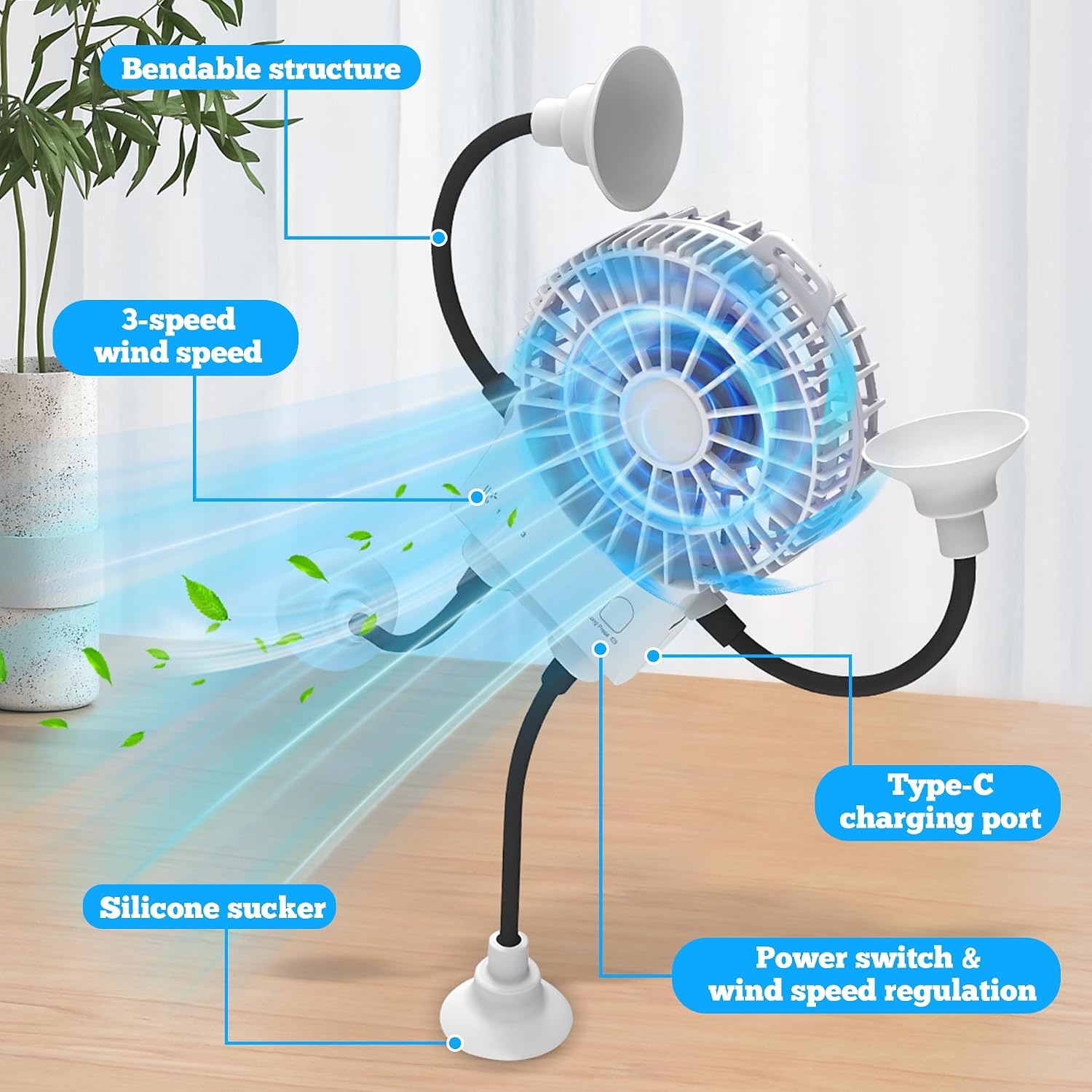 Loyala Desk Fan, Personal Table Fan with 3 Speeds Strong Airflow & Rechargeable Battery, Creative fan with Flexible Bendable 4 Legs Structure & Silicone Sucker for Bedroom Home Office