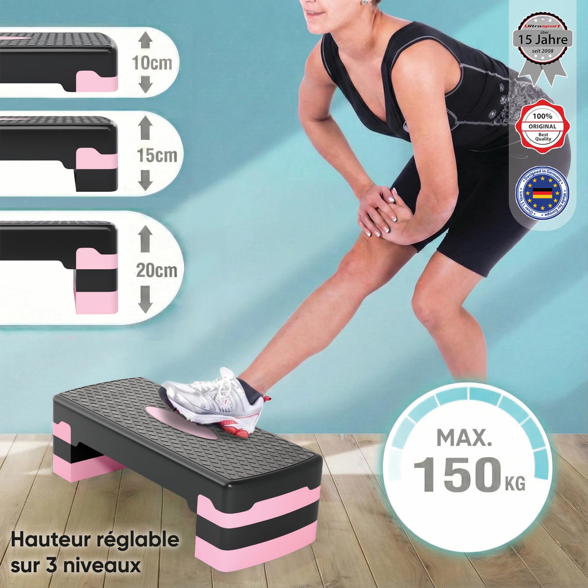 Ultrasport Step Aérobic I Antidérapant, Réglable sur 3 Niveaux I Stepper Fitness Appartement, Stepboard, Sport Stepbench 68 x 28 cm, Rose