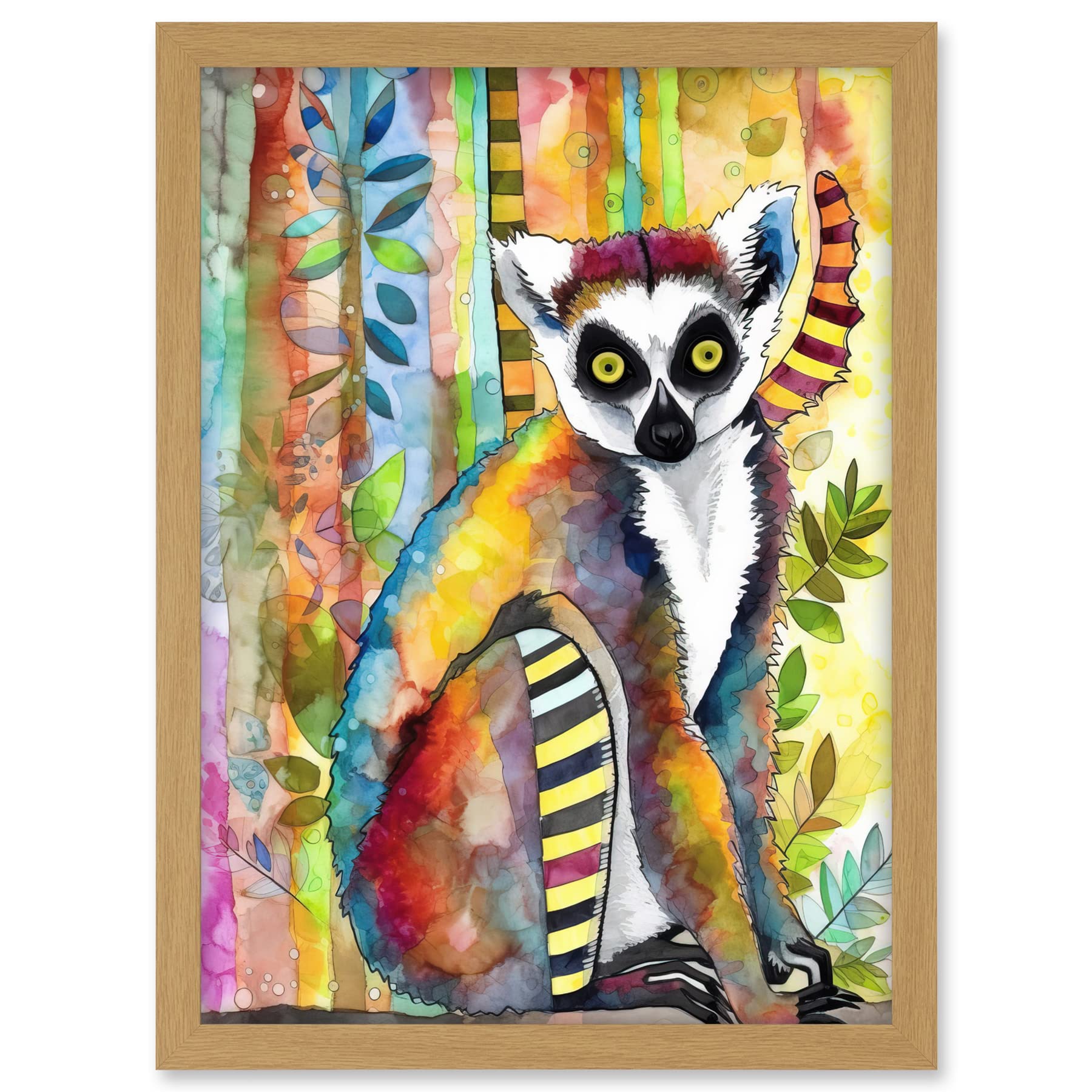 Artery8 Lemur Vibrant Portrait Folk Art Watercolour Painting Artwork Framed A3 Wall Art Print