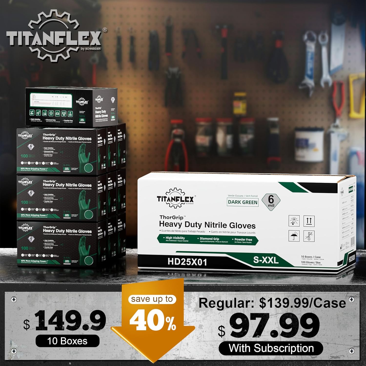 TitanFlex Heavy Duty Industrial Nitrile Gloves with Raised Diamond Texture, 6-mil, Latex Free (Dark Green/Yellow) - Image 2