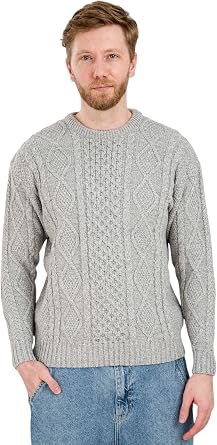 SAOL Mens Irish Aran Sweater, 100% Merino Wool Crew Neck Pullover, Made in Ireland