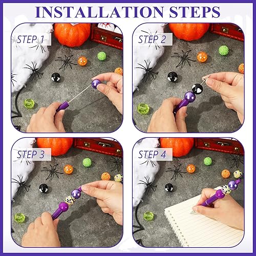 Miniatura 3 de Whaline 16 bolígrafos de cuentas de Halloween, color naranja, negro, morado, verde, con cuentas, bolígrafo de tinta de gel con 100 cuentas de