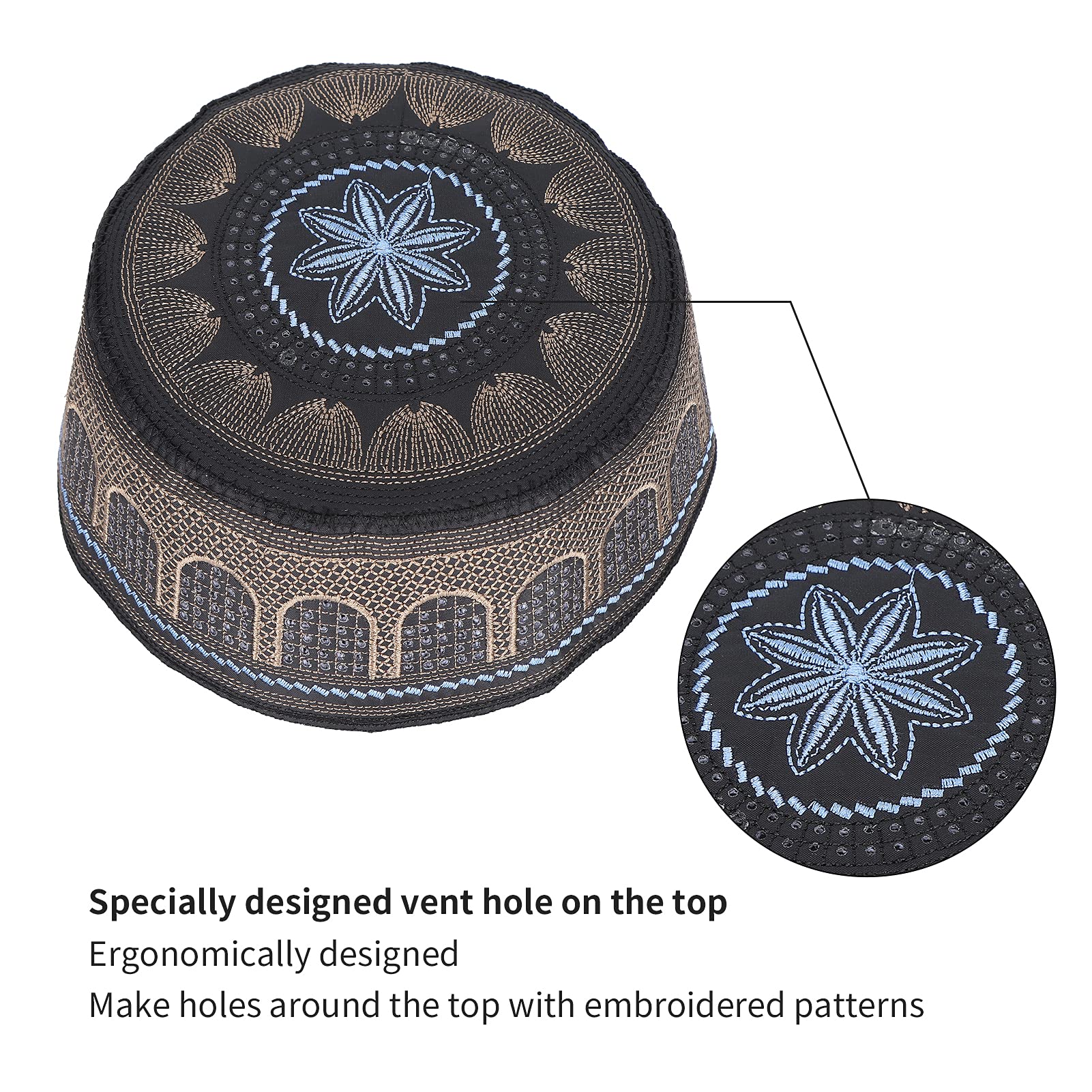 Taqiyah Con Motivo Teschio Kufi (Cappello) Islamico Con Motivo Teschio -  Nero, Maglia Elasticizzata, TheKufi Copricapo Musulmano Regolabile, image size:1601x1601