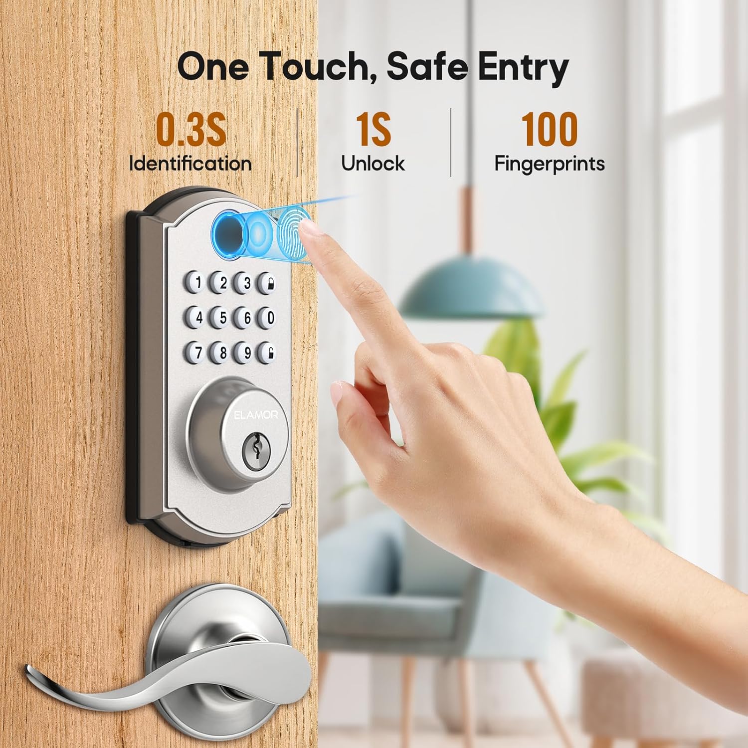 Hand touching the fingerprint sensor on the ELAMOR M19 lock, with text indicating 0.3s identification, 1s unlock, and 100 fingerprints.