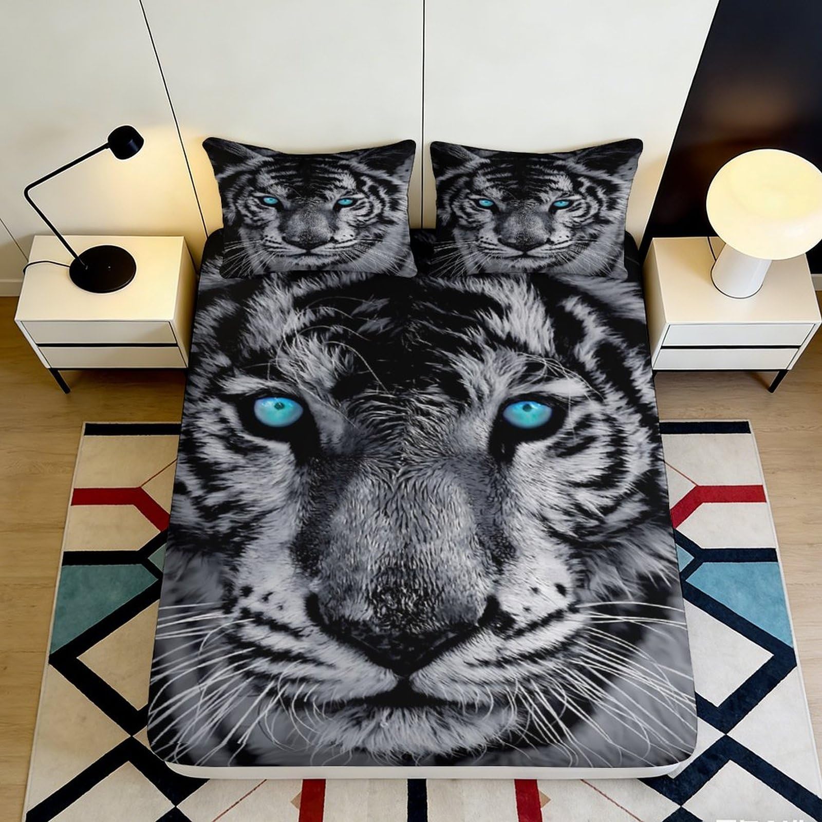 3D Printed Blue Tiger Fitted Sheet Microfiber Soft Anti-slip Mattress Cover for Bedroom Dorm Decor, Easy Care 140x200x25cm