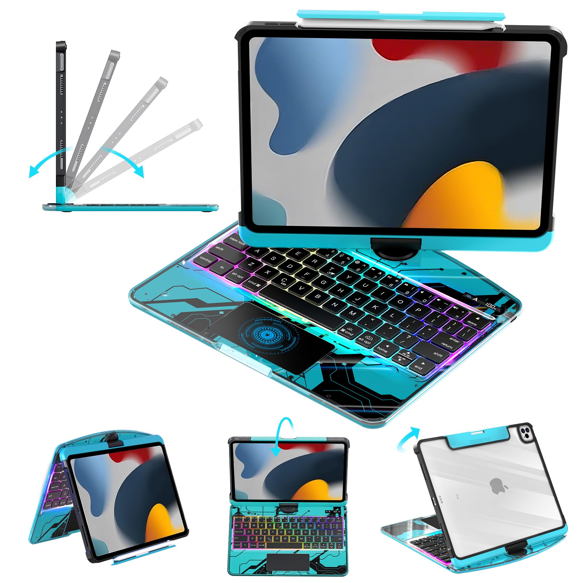 Clear Keyboard Case for iPad 10.2 inch 9th/8th/7th (2021/2020/2019) 360° Swivel Multi-Touch Trackpad,with Wireless Bluetooth 3-Brightness &amp;7-Color Backlit, Pencil Holder Blue