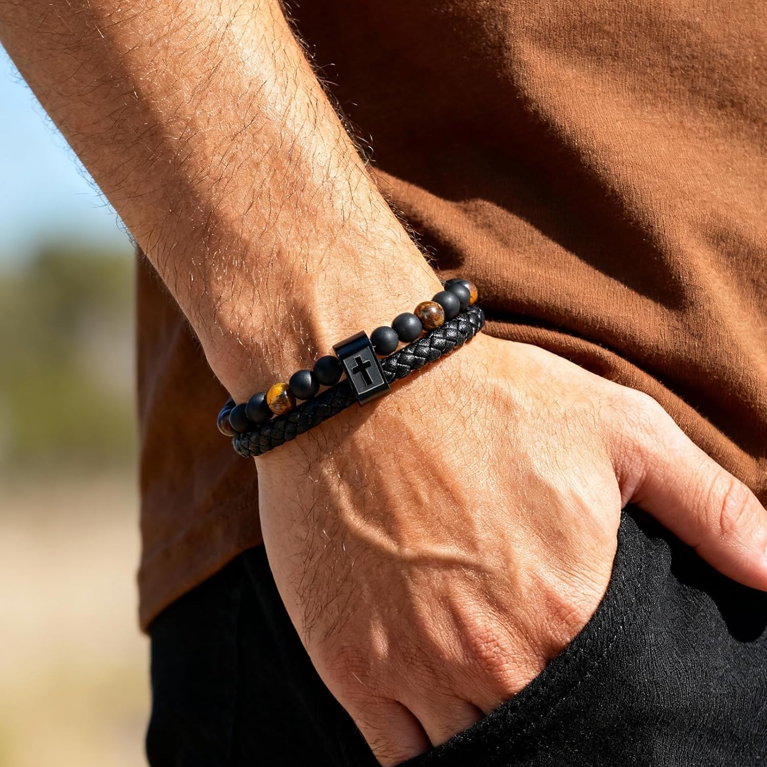 Men's Christian Cross Black Leather Bracelet Gifts for Men, Double-Row Braided Leather Cross Bracelet Bible Verse Agate Onyx Beaded Bangle Gifts for Son Grandson Husband Boyfriend Brother - Image 3