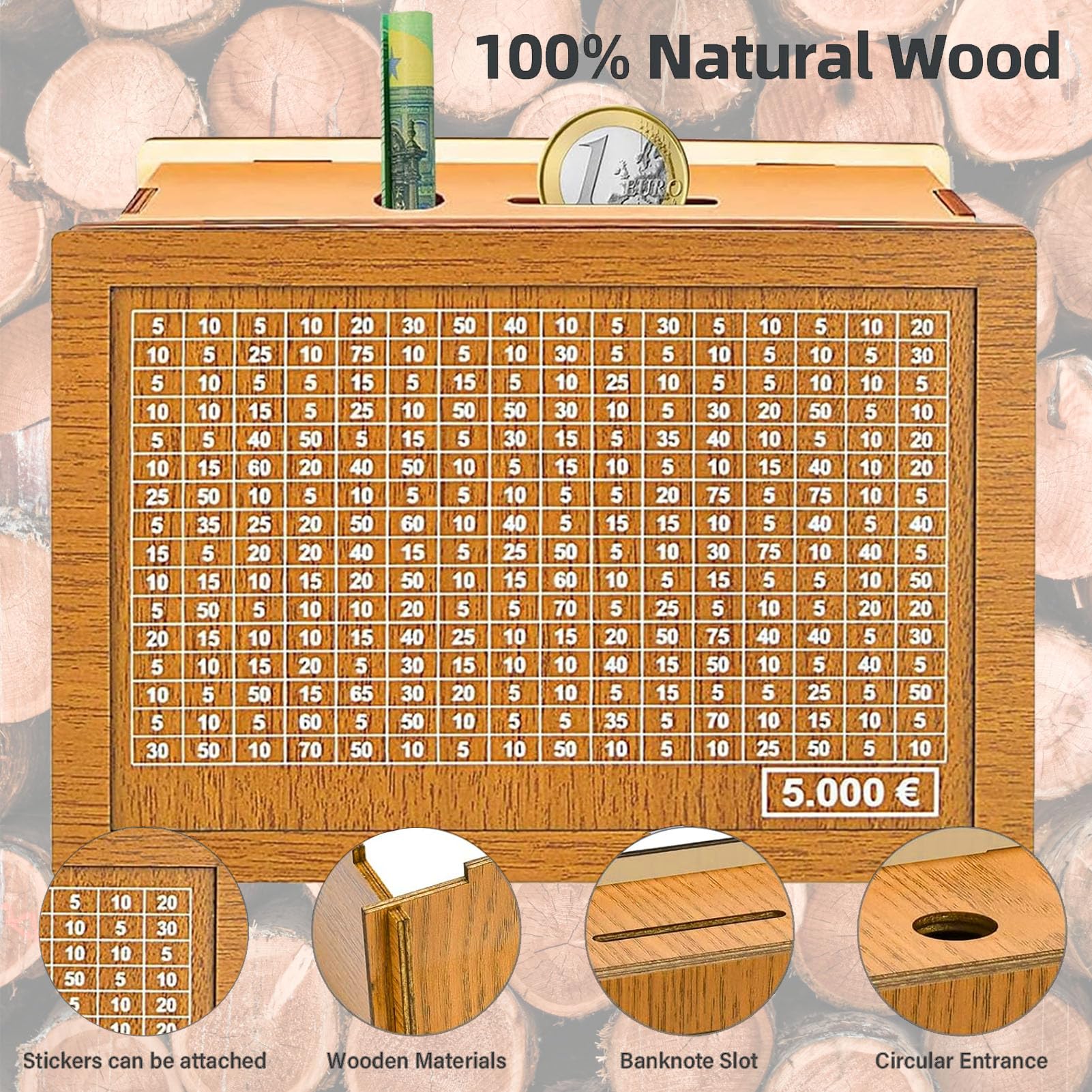 Salvadanaio Conta Soldi In Legno Con Obiettivo - Salvadanaio Riutilizzabile Bczhieulw Per Risparmiare 5000€ - Foto 3