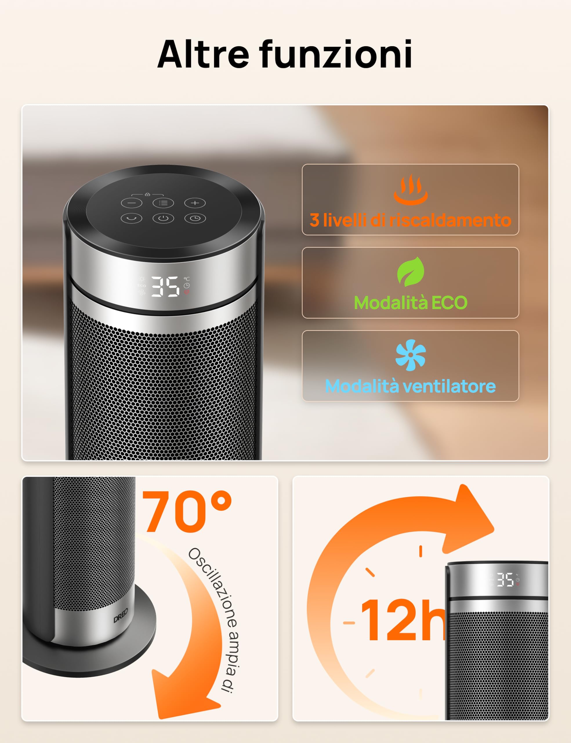 DREO Stufa a Torre 23 Pollici 2000W Silenziosa, Riscaldatore Portatile con Telecomando, Oscillazione 70°, Timer 12H, 5 Modalità, Termoventilatore in Ceramica PTC con Termostato per Casa e Ufficio