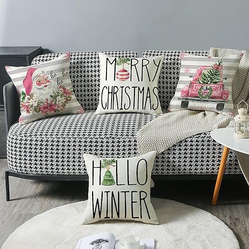 Miniatura 6 de 4 fundas de almohada familiares de Navidad de 18 x 18 pulgadas, fundas de almohada de Navidad rosa con texto en inglés "Merry Winter", fundas de