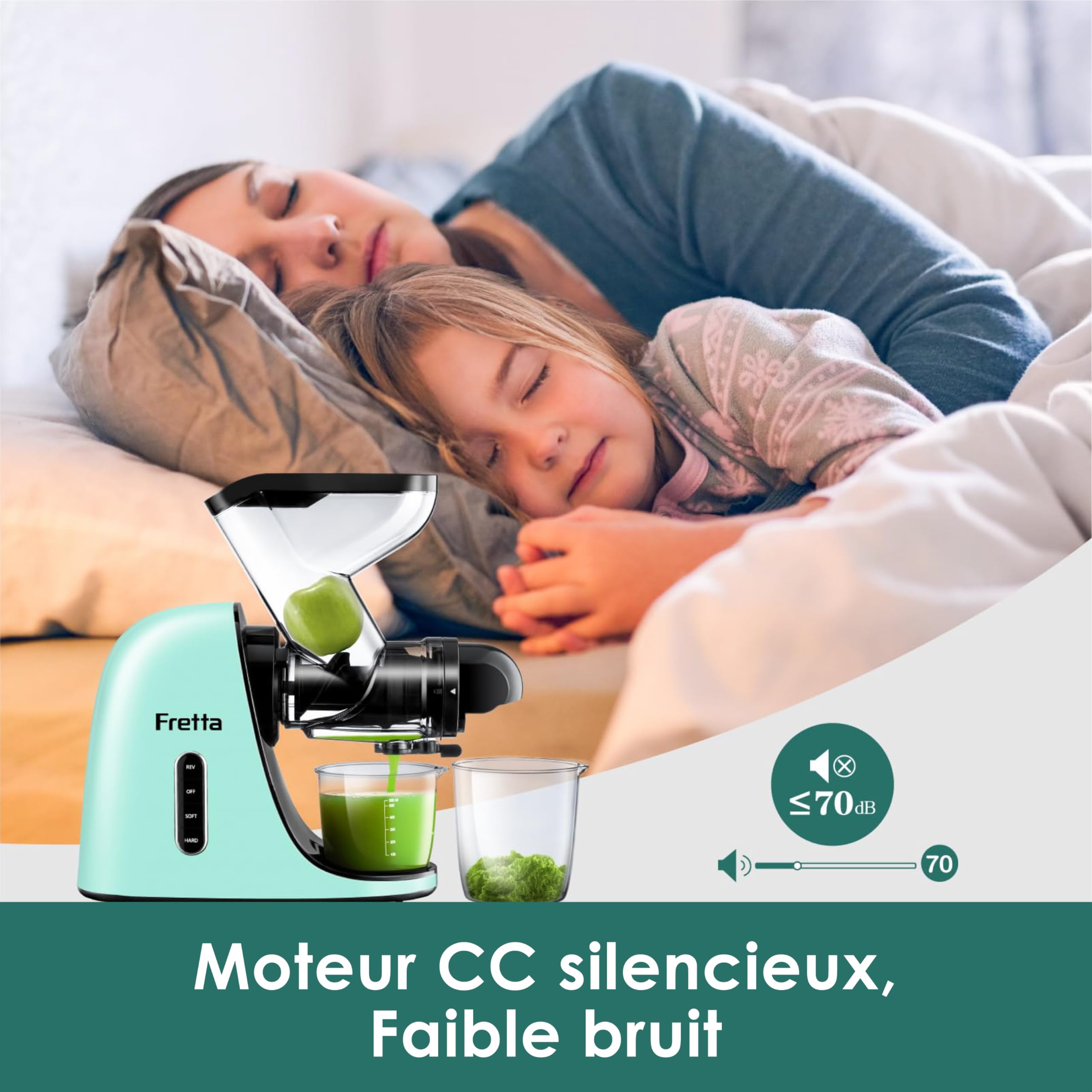 Fretta Extracteur de Jus à Pression à Froid, Goulotte 76 mm, Presse-agrumes sans BPA, Bleu Clair