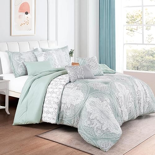 ESCA Keeya - Juego de edredón bordado de flores moradas de 7 piezas, transpirable, para todas las estaciones, suave y ligero, tamaño Queen