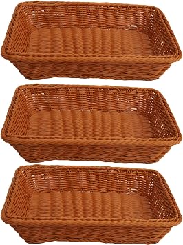 Nsmykhg 3 Pcs Poly Wicker Bread Basket - 13.8x9.8x2.75 Rectangular Woven Food Storage Tray, Imitation Rattan Fruit Basket, Stackable Kitchen & Restaurant Serving Basket Brown