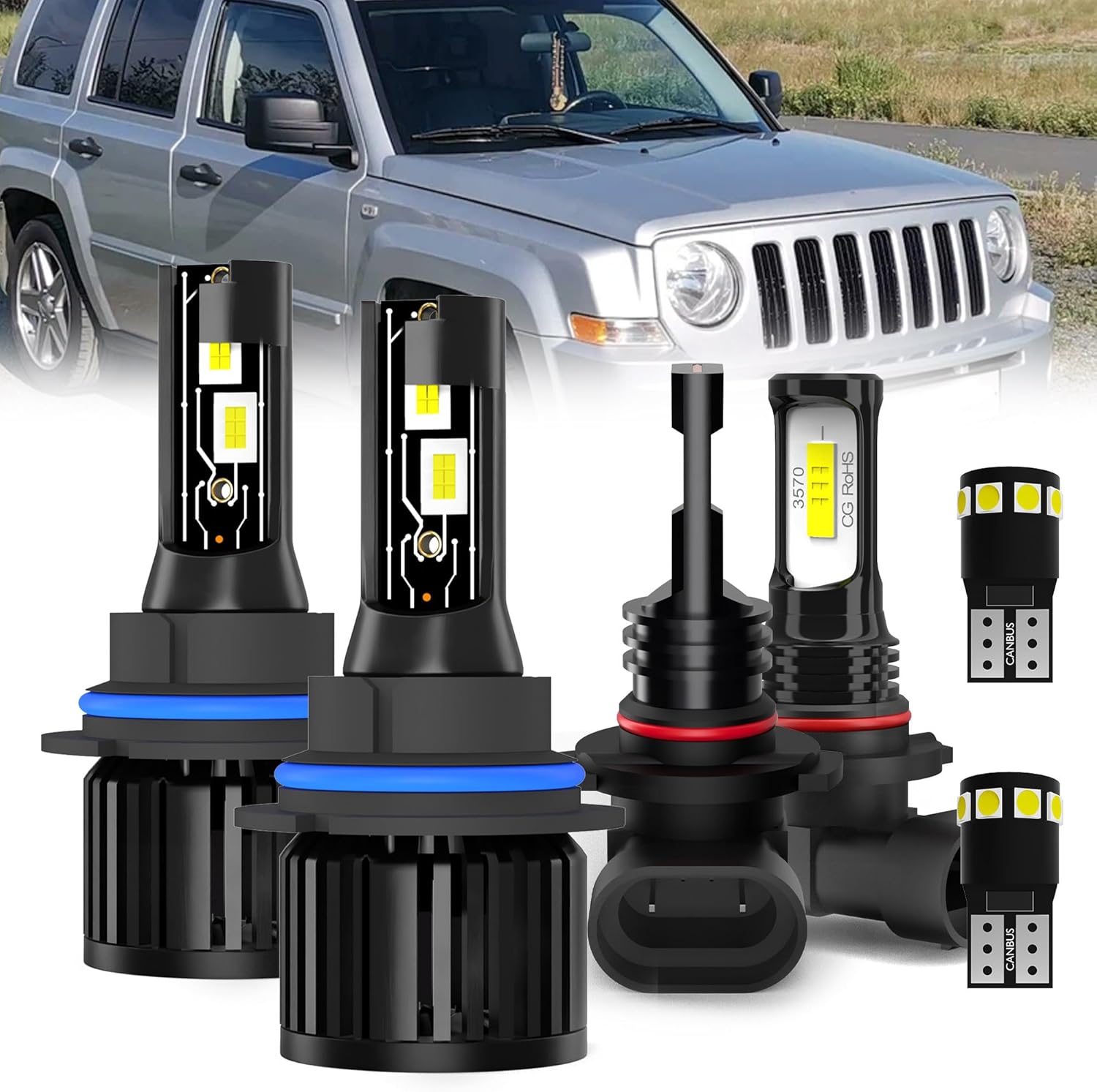 For Jeepty Liberty 2002 2003 2004 2005 2006 2007 light Bulbs,9007/HB5 High Low Beam + 9145/9140 Fog Light Bulbs + License Plate Lights, Pack of 6
