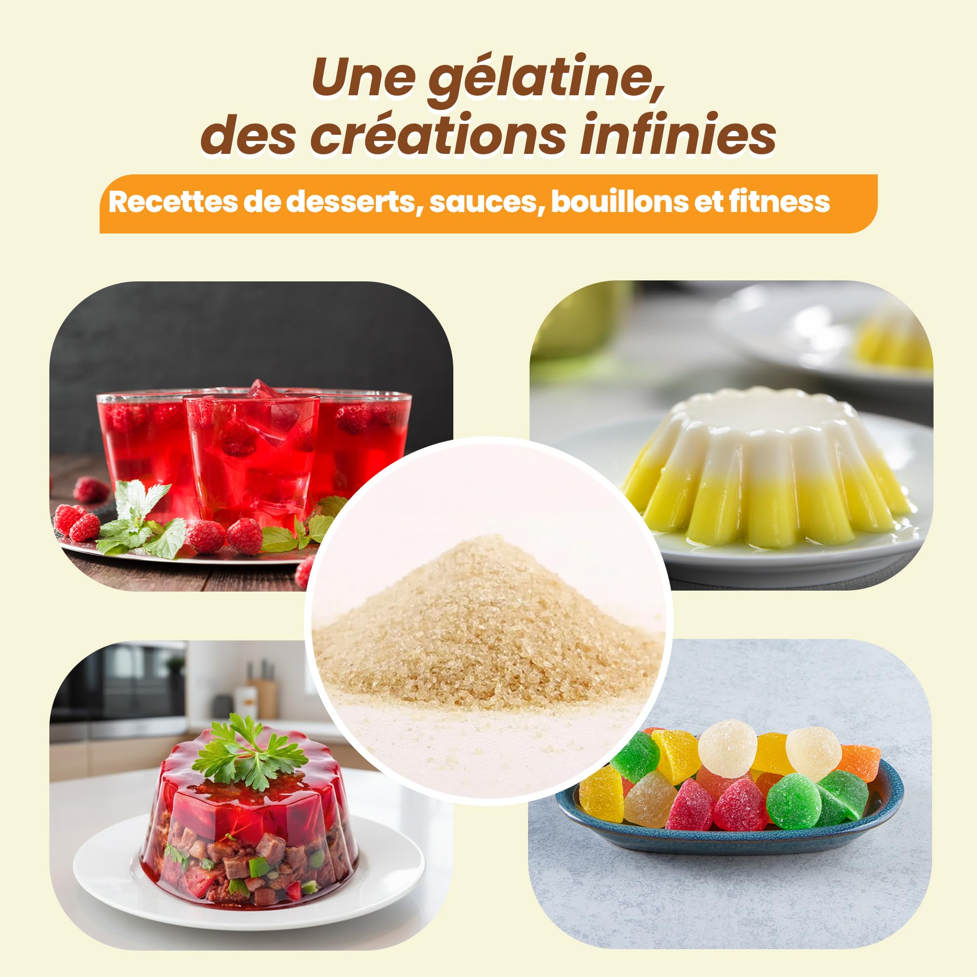 Snadi Gélatine Bovine Granulée | 1 kg | 100% Pure, Sans Saveur et Qualité Professionnelle | Riche en Acides Aminés Précurseurs du Collagène | Pâtisserie, Desserts et Sauces | Dissolution Facile et Te