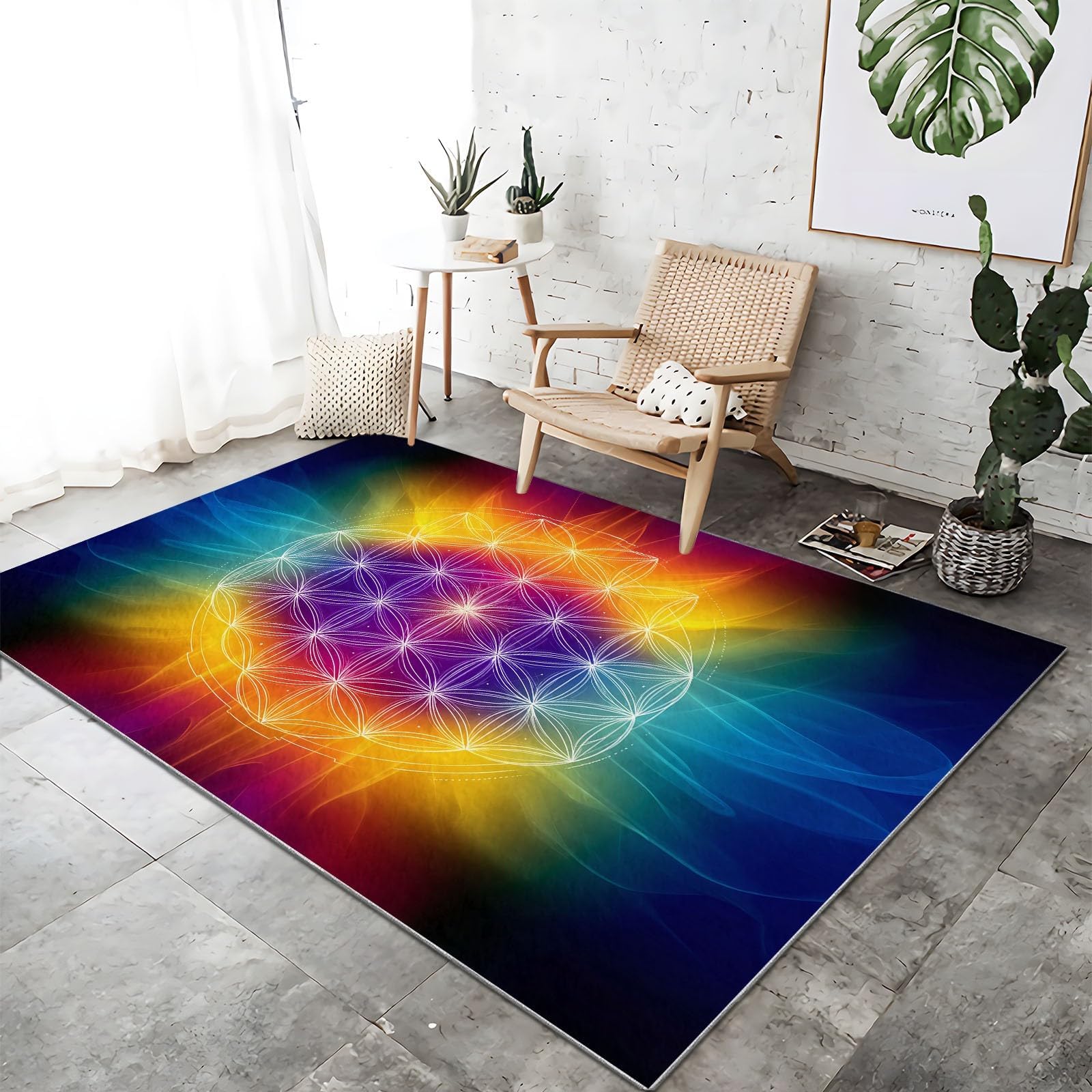 Washable Modern Area Rug 2 x 3 - Abstract Geometry Flower of Life Print Rugs for Living Room Bedroom Nursery, Non Slip Flannel Indoor Carpet Colorful Non-Shedding Soft Area Rug