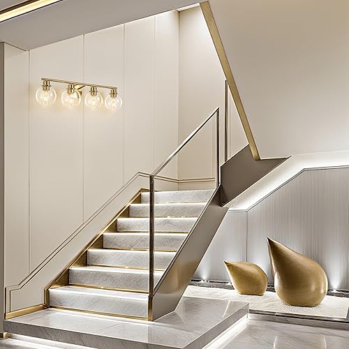 Miniatura 9 de Lámparas de baño sobre el espejo, 4 luces, lámpara de tocador de baño con pantalla de vidrio transparente de 29.5 pulgadas, moderna lámpara de