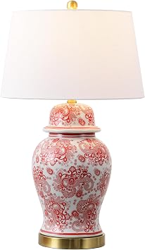 JONATHAN Y 29.5" Red/White Ceramic Table Lamp for Living Room and Office, White Linen Drum Shade, Traditional Chinoiserie Ginger Jar Lamp, LED Bulb Included JYL3008C