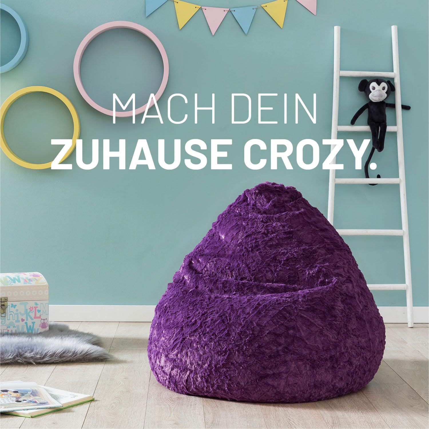 Lumaland Fluffy Sitzsack | Kinderzimmer Sitzkissen 60 x 45 cm | Waschbarer Bezug aus Webplüsch | Flauschiger & weicher Kinder Bodenkissen | Passend für Mädchen & Jungen | 120L Volumen [Dunkel Lila]
