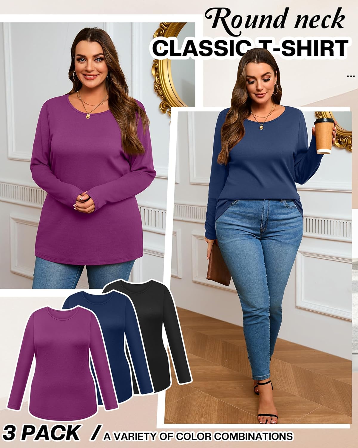 3 Pack Women's Plus Size Cotton Shirts, Scoop Neck Long Sleeve Casual Tops Form Fitting Knitted T-Shirts Blouses - Image 4