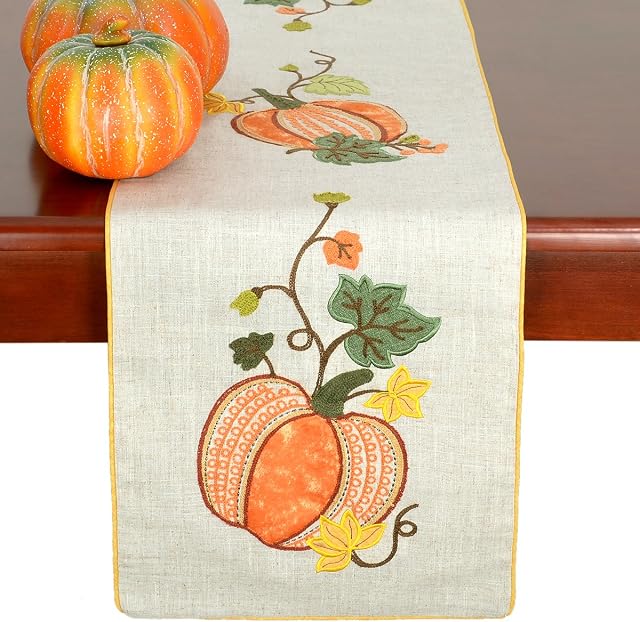 Grelucgo Halloween and Thanksgiving Holiday Table Runners, Fall Autumn Harvest Decorations, Embroidered Pumpkins, Rectangular 14×72 Inch