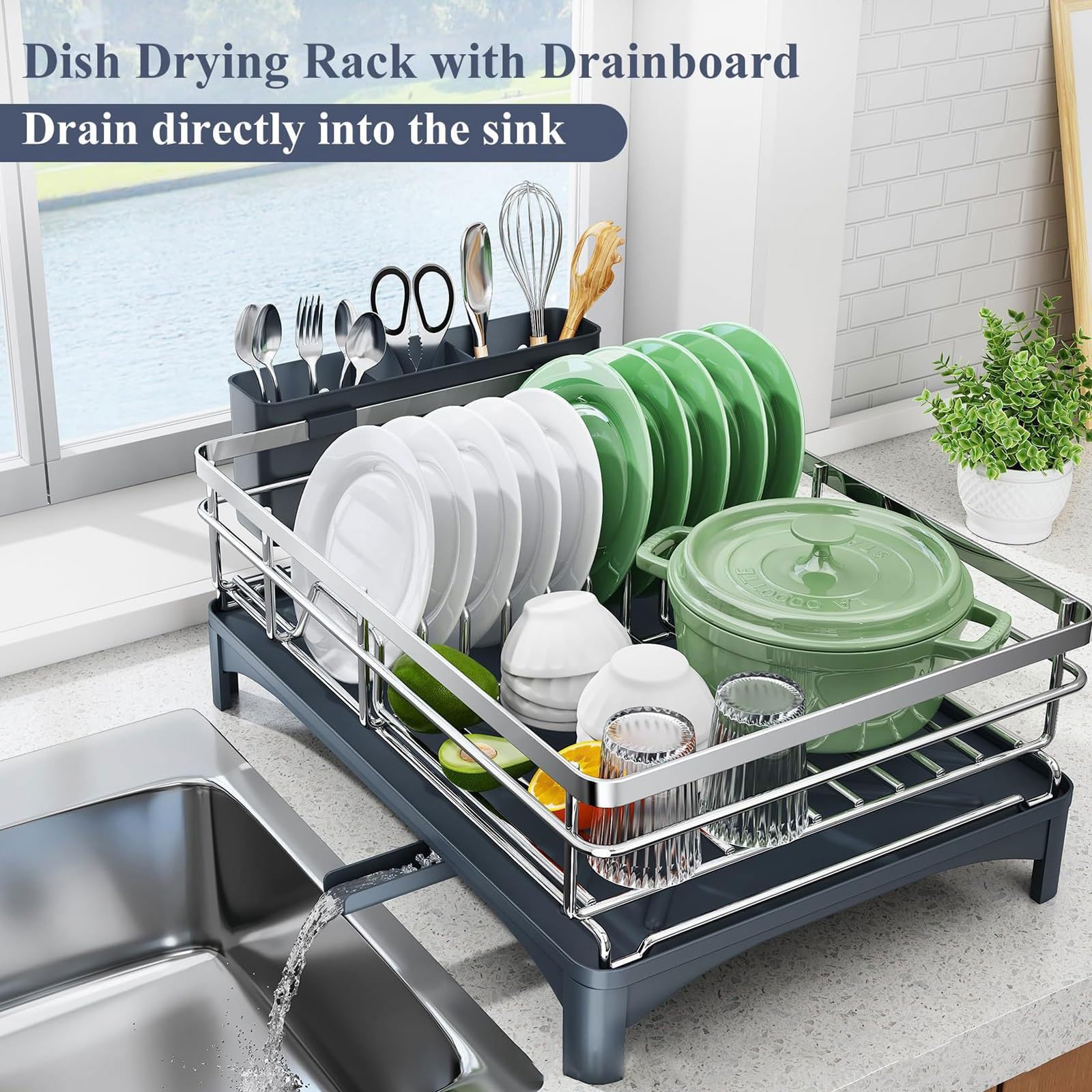 Abtropfgestell Geschirr Platzsparender Küchen-Trockenständer aus Edelstahl mit abnehmbarer Tropfschale und Besteckhalter 360°Drehbarem Auslauf Multifunktionaler Küchenorganizer 42*31*14.5cm