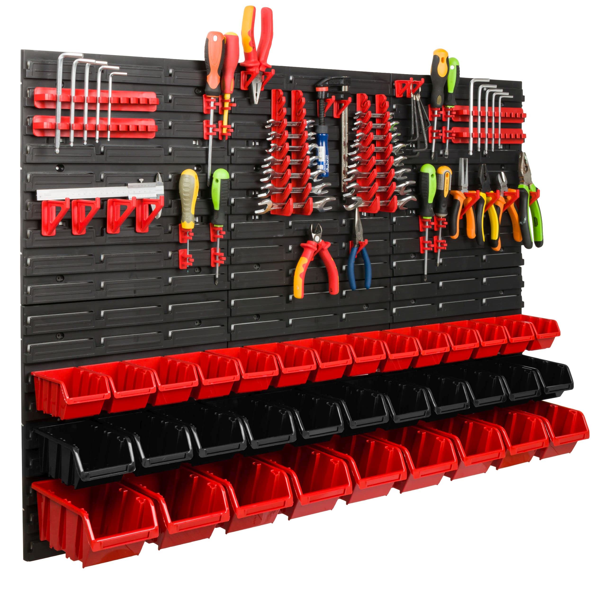 Scaffale da officina, 117 x 78 cm, 34 pezzi, con supporti per attrezzi e scatole impilabili, pannelli da parete, scaffali extra resistenti, per merci, garage, scaffali