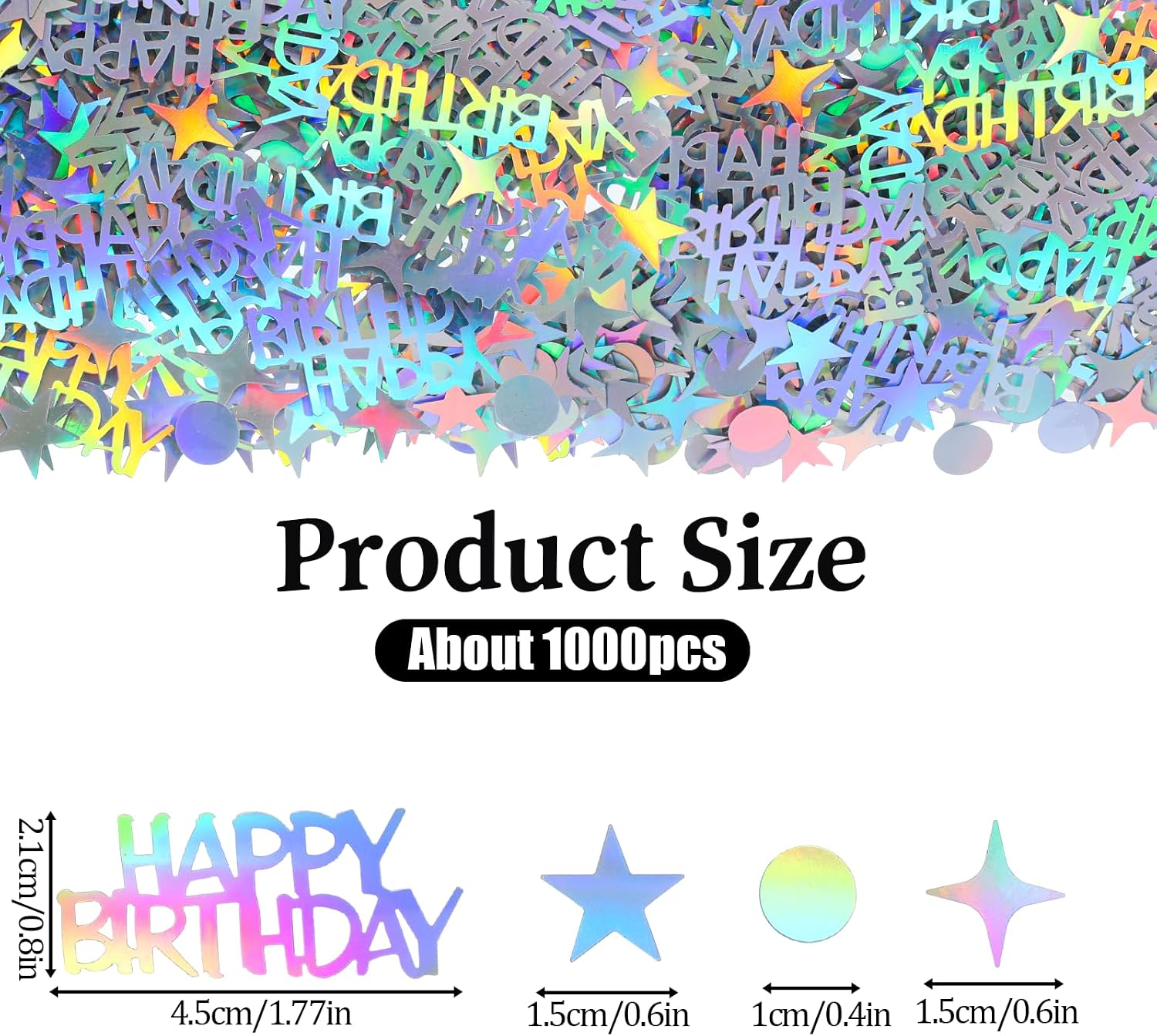 1000PCS Birthday Confetti, Iridescent Happy Birthday Confetti for Table Circle Star Letters Shape Table Scatter for DIY Arts Crafting Disco Themed Party Baby Shower Decorations