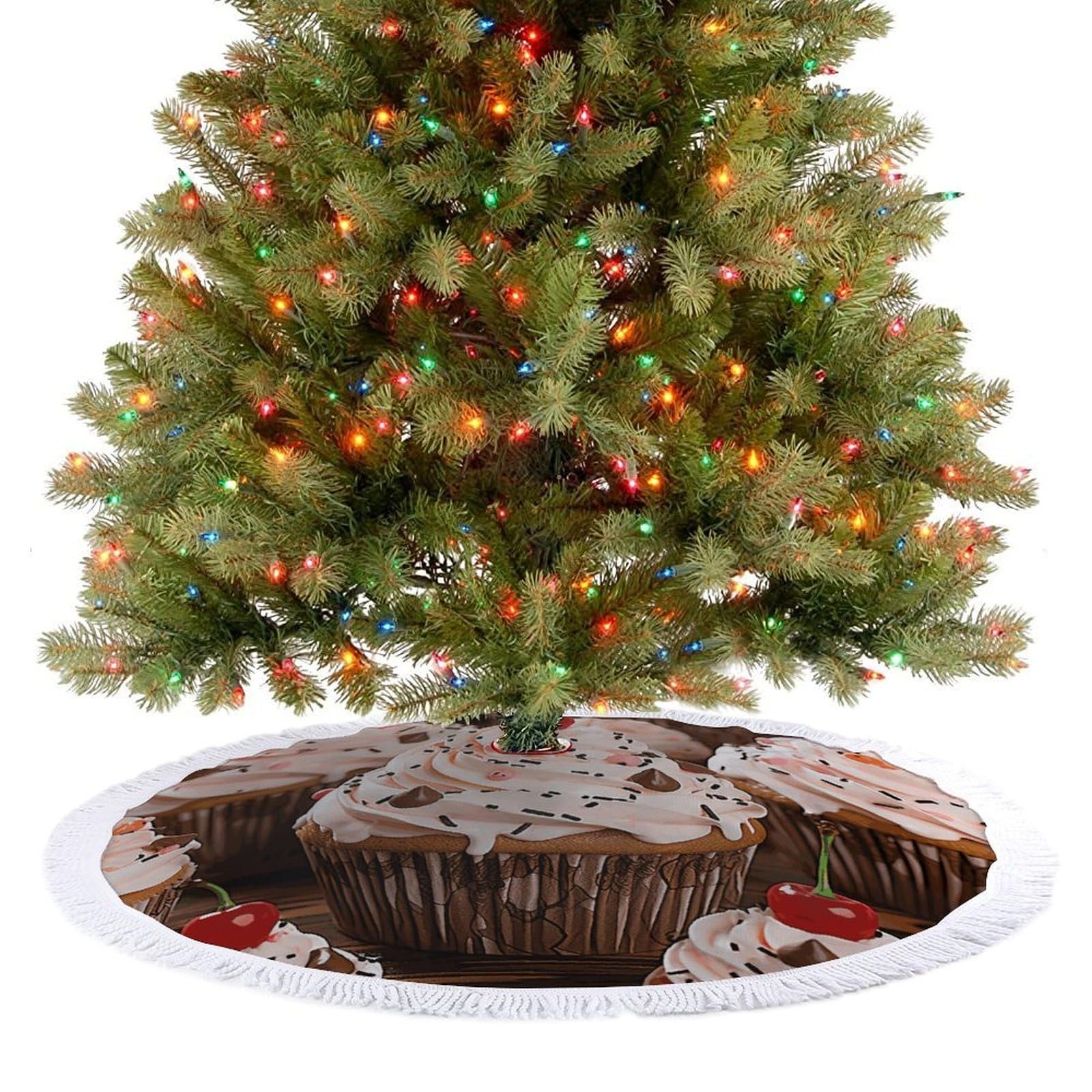 Cupcake and Muffin Christmas Tree Skirt 30"x30" Rustic Xmas Tree Mat with Tassel Ornament Christmas Trees Cover Skirt Mat for Evergreen Trees Ornament Winter Holiday Mats Decorations