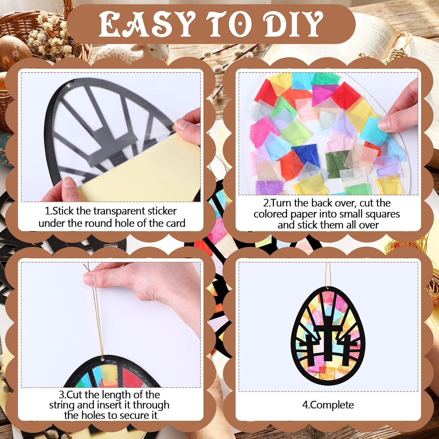 DoubleFill 36 Sets Religious Easter Crafts Easter Egg Cross Suncatchers Kit Christian Jesus Cross Crafts Lent Tissue Paper Stained Glass Effect Window Art for Church Home Decor Ornament Party Art