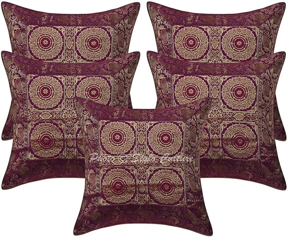 Bohemian Decorative Sofa Settee Accent Throw Pillow Covers 40x40 cm Brocade Living Room Purple Mandala Jacquard Square Luxury Zippered Indian 16x16 Inch Cushion Covers - 5 Pcs