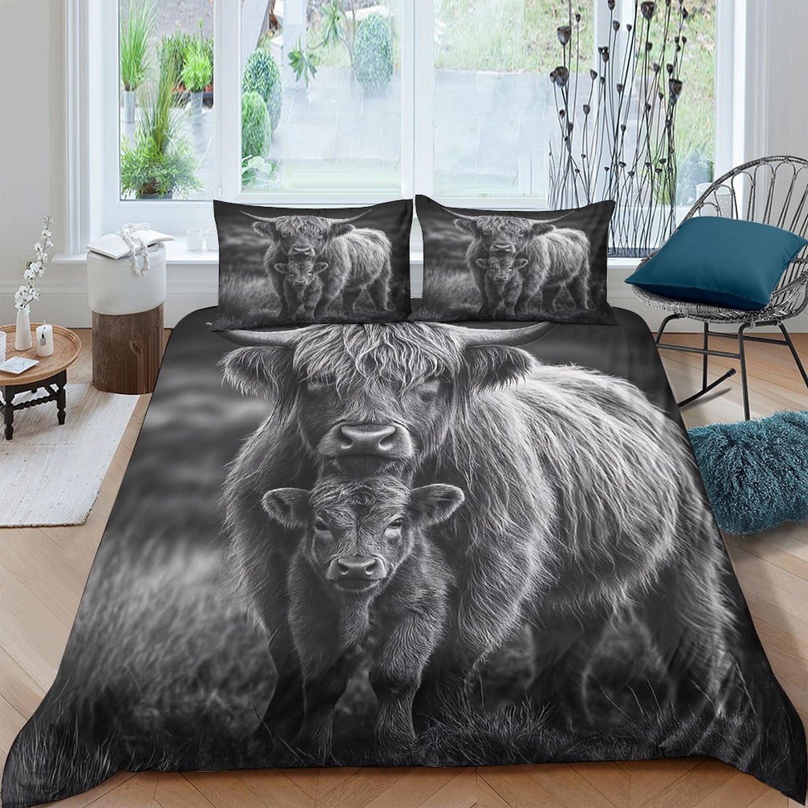 Ctjqhvkz Style-8 3D Printed Highland Cow Family Fitted Sheet Microfiber Soft Black White Cattle Mattress Cover For Bedroom Guest Room Decor Single（135X200cm）