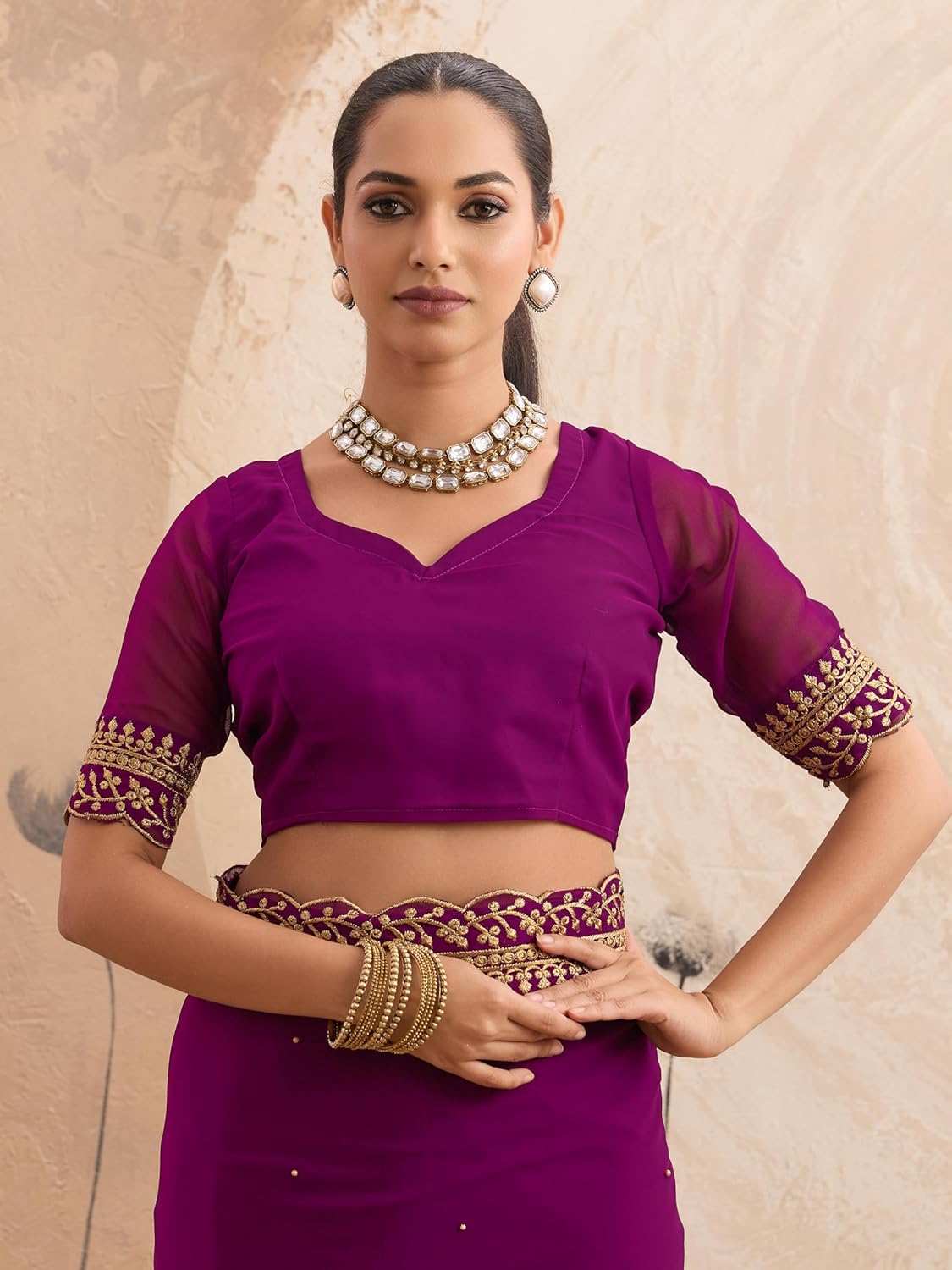 Saree for Women Georgette Golden Embroidery Border Beads work Saree with Blouse Piece