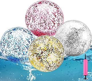Chris.W 4 PCS Large Beach Balls 16 Inch, Glitter Beach Sand Ball, Inflatable Clear Beach Balls Bulk, Sequins Beach Ball Confetti Jumbo Pool Toys Ball Giant with Pump for Summer Holiday Beach Party