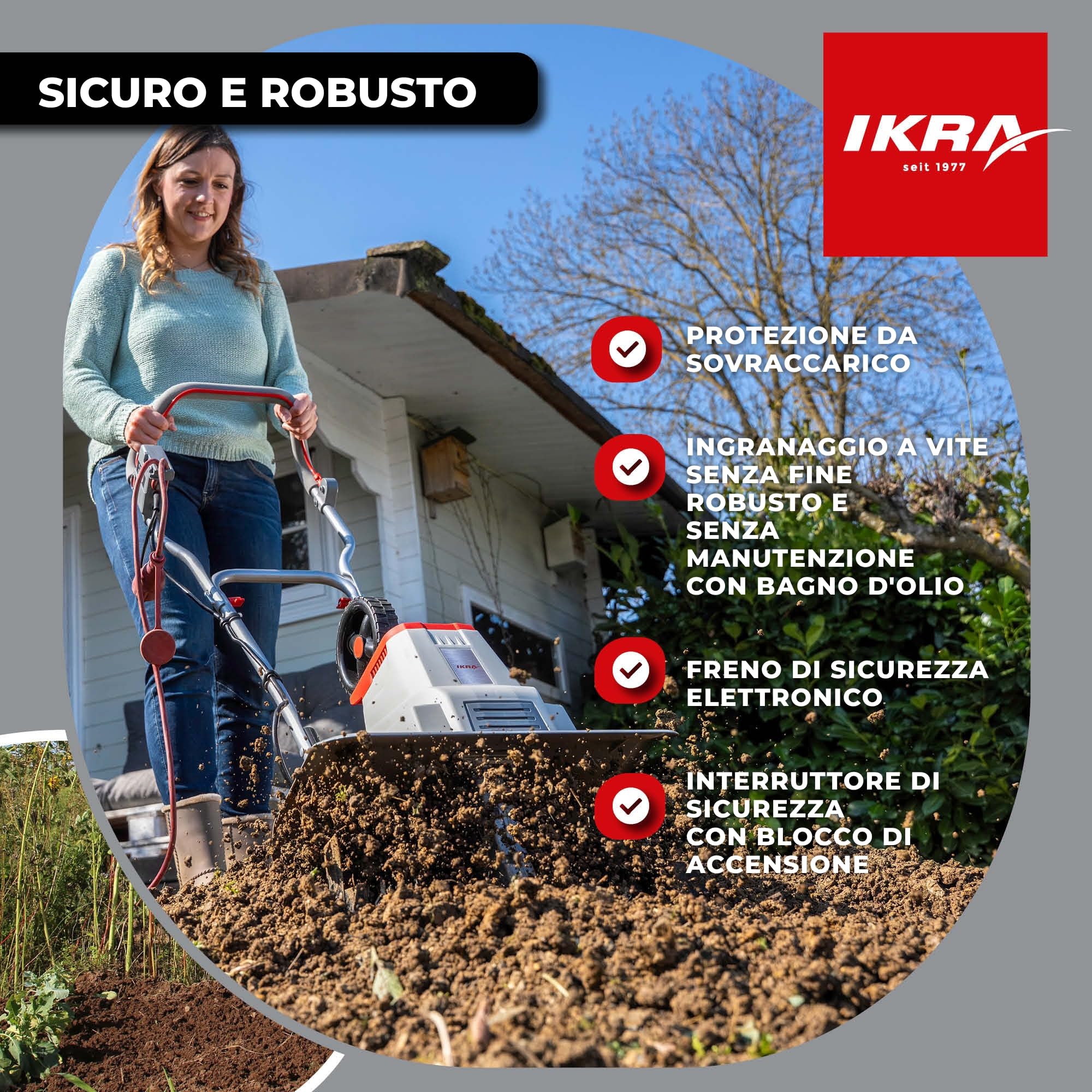 IKRA motozappa elettrica IEM 1500, larghezza regolabile 32 e 45 cm | Prepara il terreno alla semina, 1500W, 20 cm, sperone frenante, ruota trasporto, pieghevole, protezione sovraccarico