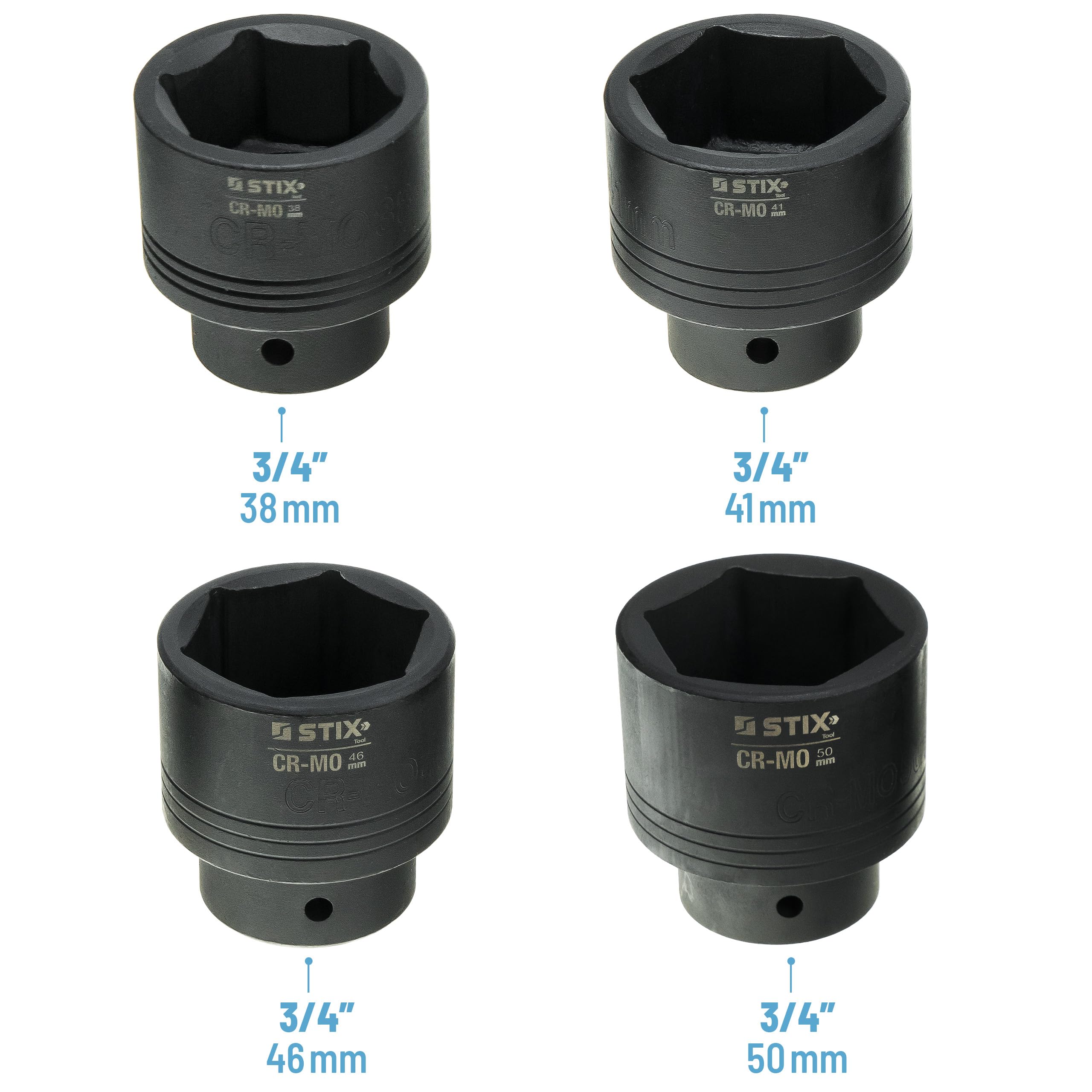 STIX Juego de 26 llaves de vaso de 3/4" y 1" CR-MO – Tuercas largas 21-65 mm para llave de impacto, incluye accesorios y maletín robusto para profesionales