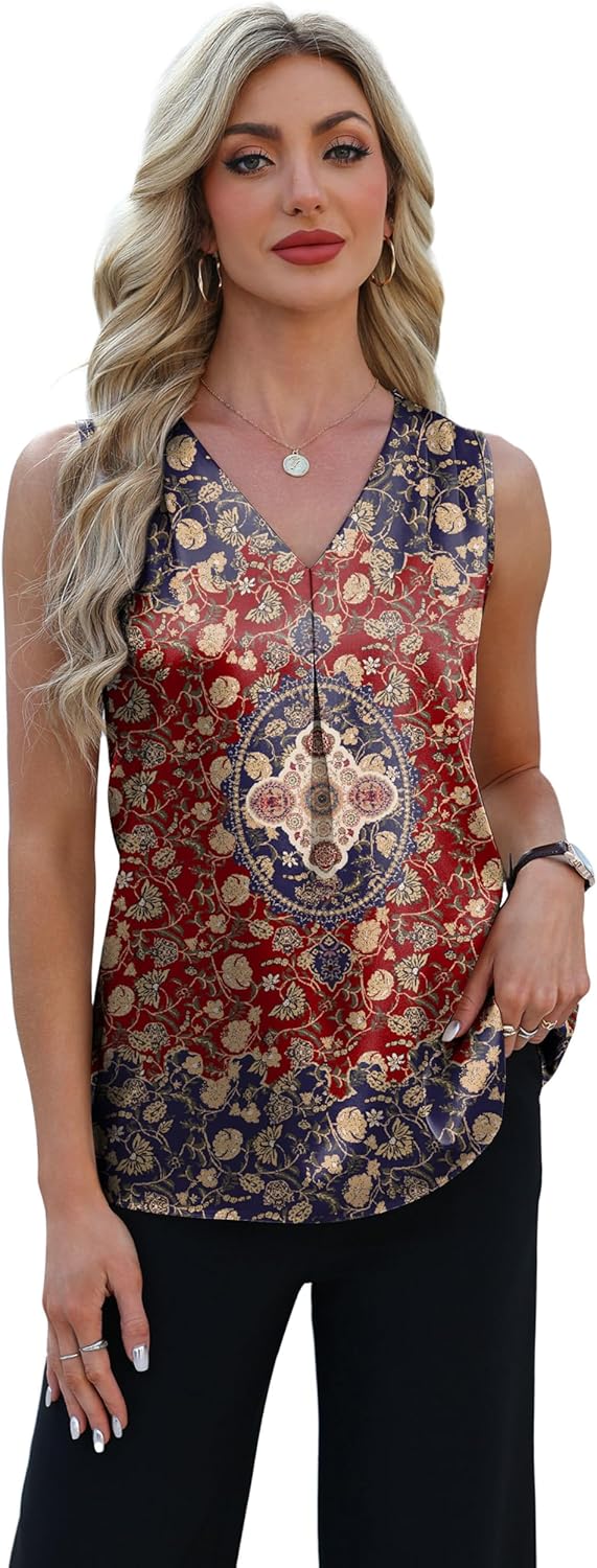 OFEEFAN Womens Tank Tops V Neck Silk Satin Camisole Pleated Sleeveless Blouses Dressy Casual Business Summer Basic Tank Shirt - Image 3