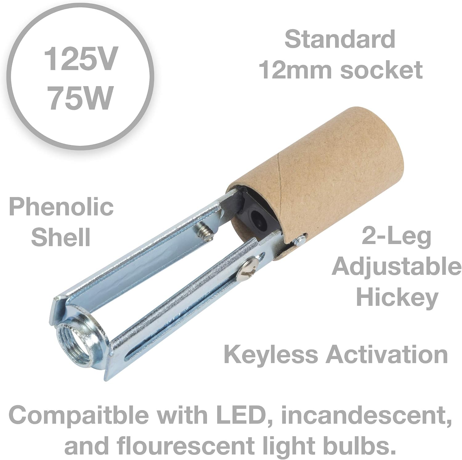 Gardner Bender GLS-24 Candelabra Keyless Activation On/Off Two Leg Adjustable Hickey Phenolic Base Socket, Metal