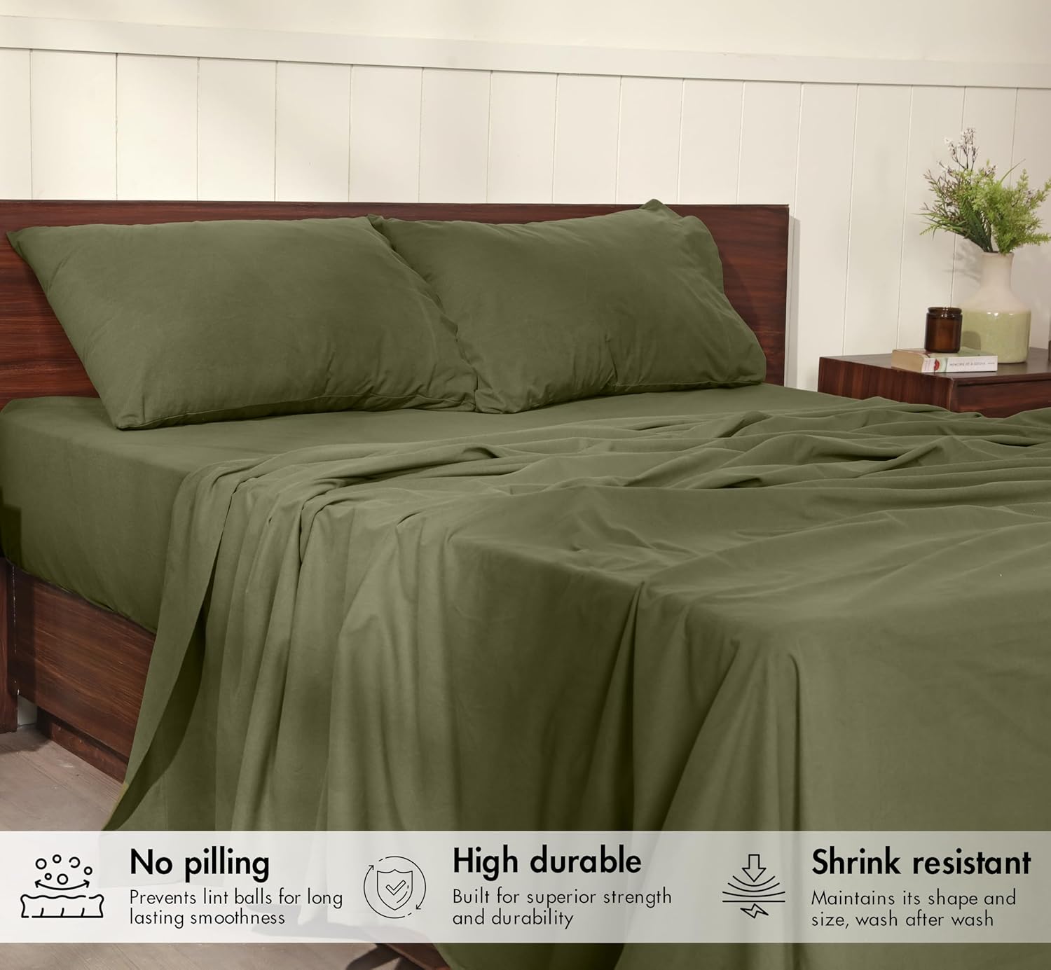 RUVANTI Flannel Sheets – Queen Sheet Set, Ultra Soft & Cozy Double Brushed, 15" Deep Pocket, 360° Elastic for Secure Fit, No Pilling, 4 Pieces (Flat, Fitted, 2 Pillowcases), Olive Stone